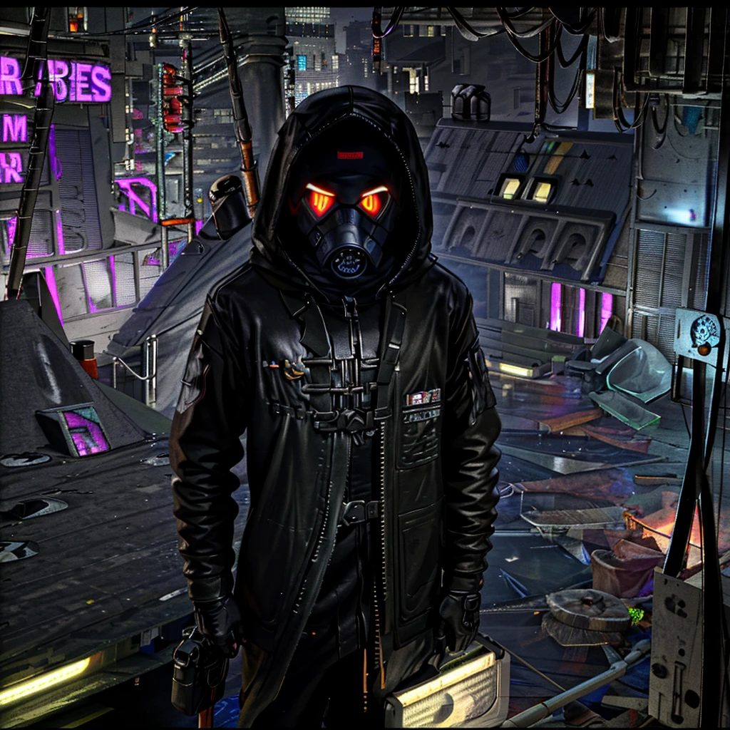 Hooded figure on a rooftop at midnight with a cyberpunk gas mask