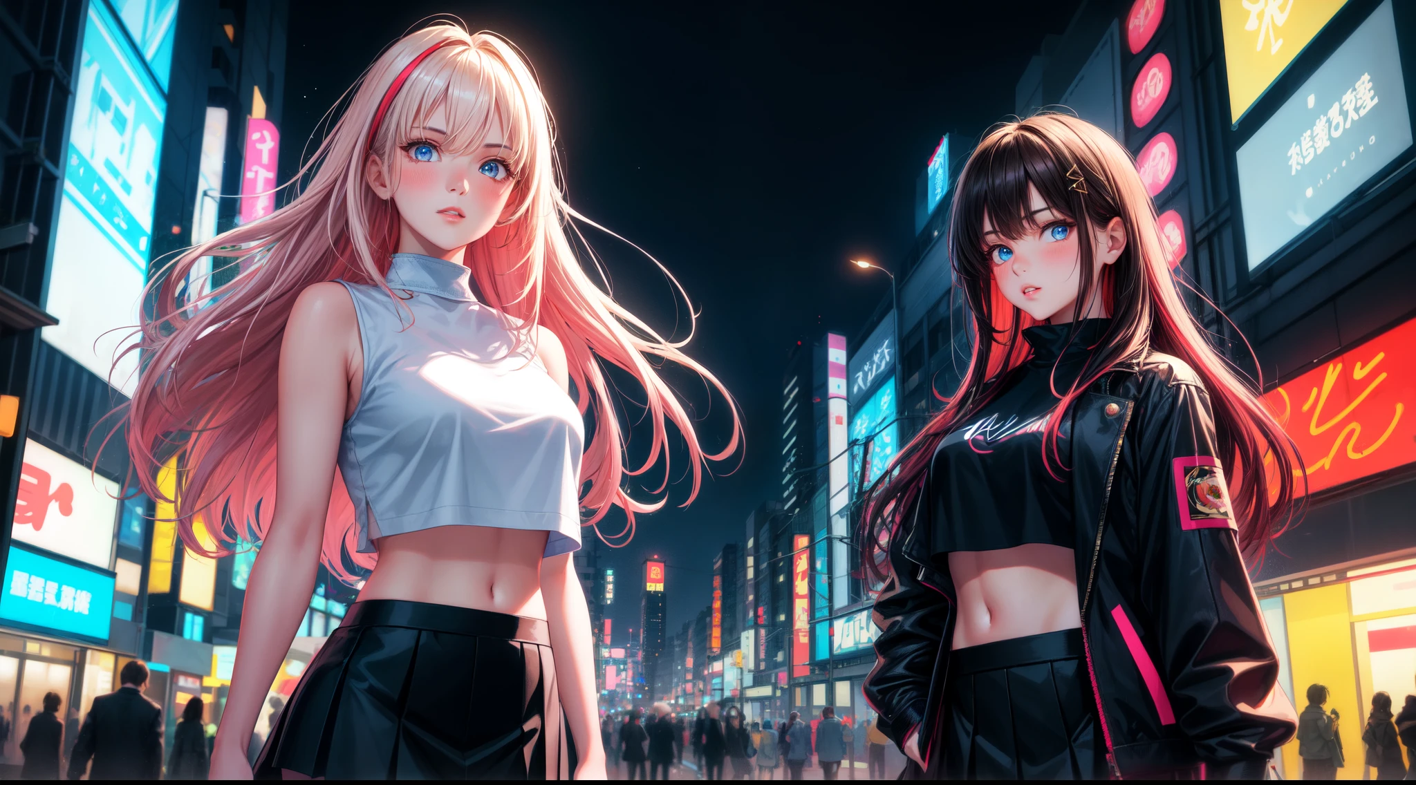 masterpiece, 1girl((20year old, Black short sleeve hoodie exposes navel, tight blue jeans, medium breasts, multicolor pink hair, twin ponytails, green eyes, flirting, headphones, standing in an urban street at night, neon lights and towering skyscrapers, futuristic and energetic atmosphere))