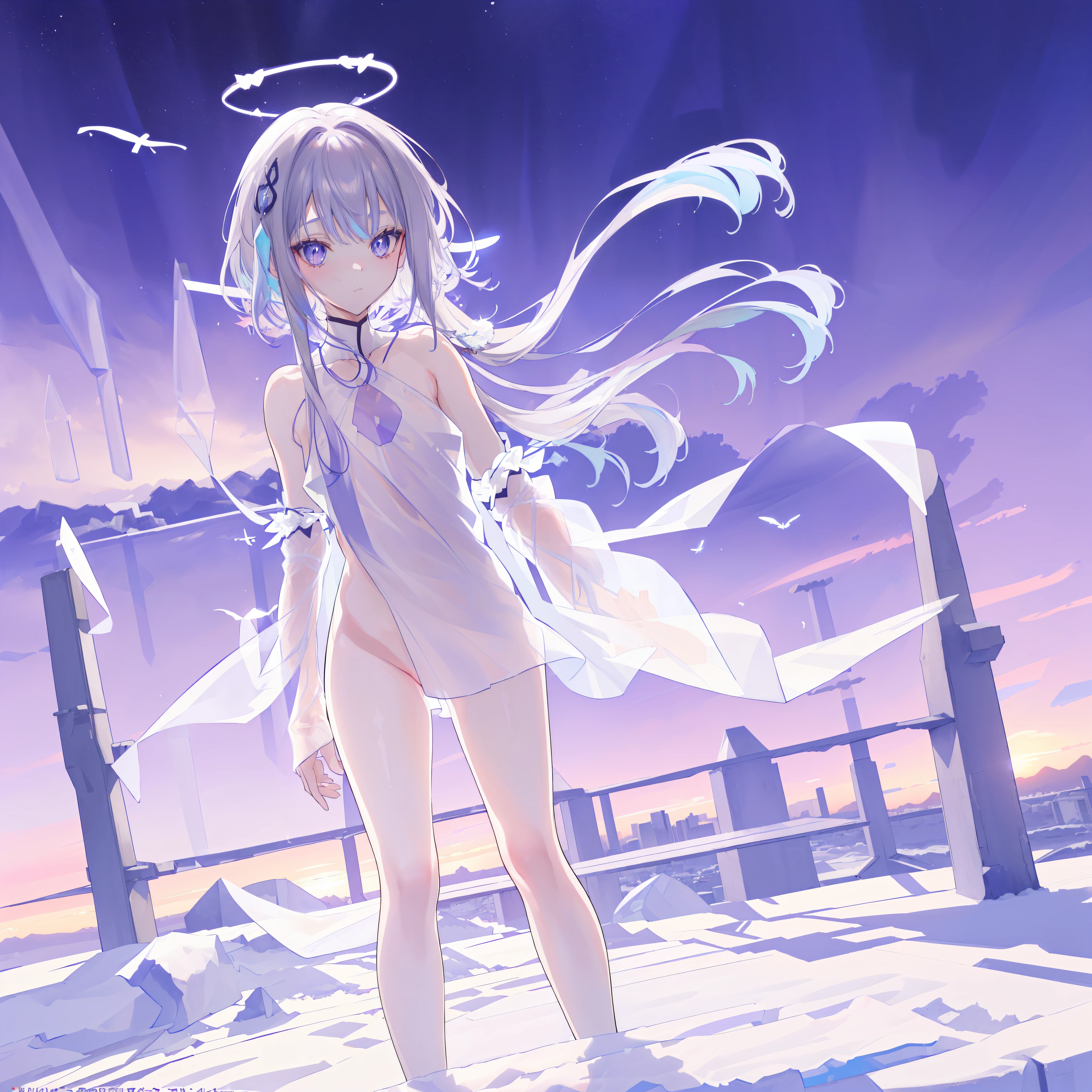 (((A medium shot: 1.4))) of an anime teen girl, (standing on ((plain flat snow)), (((half naked))), cinematic light, slim body with curves, skin is perfectly white, soft, and smooth, ((no nsfw)), Extremely delicate and beautiful CG illustration, best quality, high resolution, dynamic angle, full-length lens, (1 girl), floating, soft light, high-key lighting), glowing light, purple halo, feathers fluttering background, blue crystal, (((wearing nothing but a white (pure:1.3) (transparent) tank top))), ((sunset))