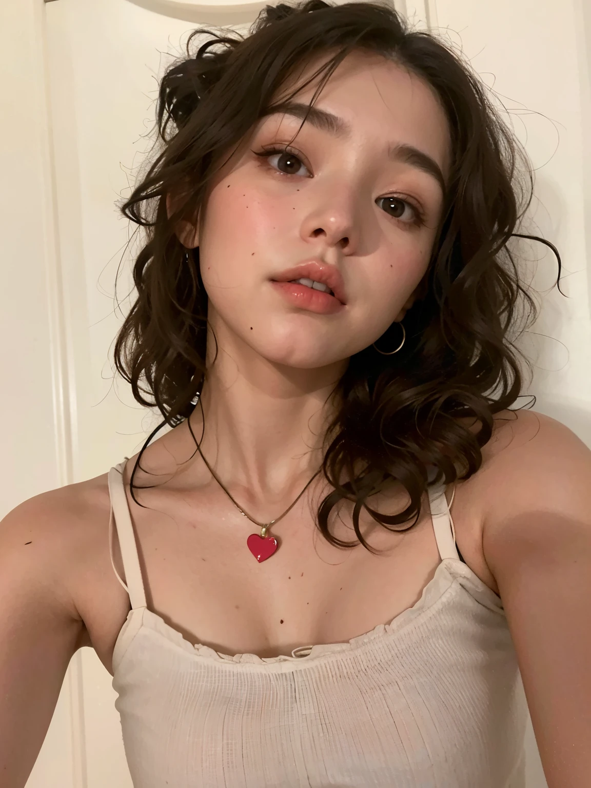 a closeup of a woman with a heart necklace on her neck, Retrato Sophie Mudd, with pale skin, Imagen de perfil, Small heart-shaped face, 18 years old, foto de perfil, pale fair skin!!, imagen de muy muy muy baja calidad, sydney sweeney, Foto de perfil, usando gargantilla, 2 4 year old female model, Parece una mezcla de grimes