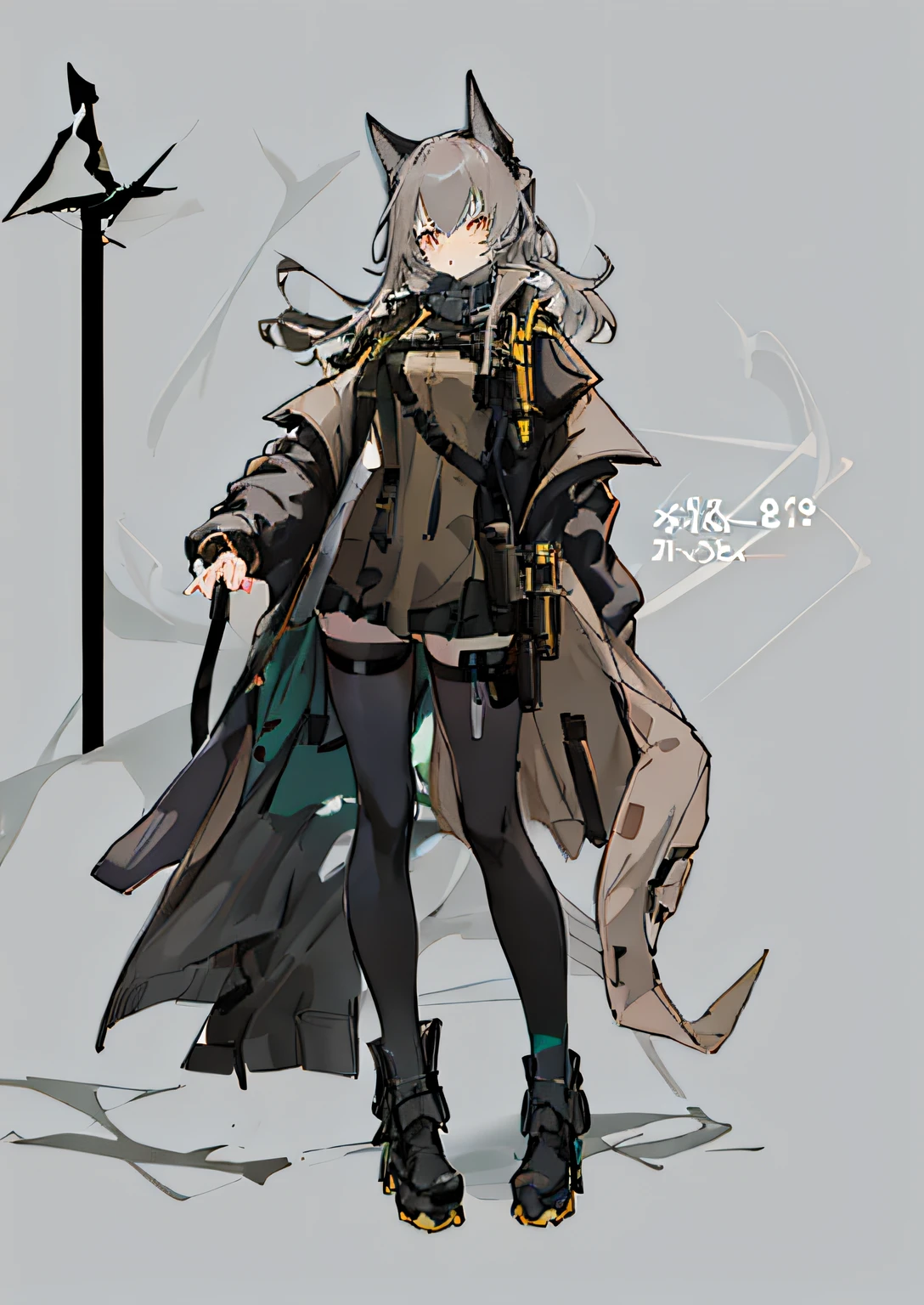 anime character with a cat tail and a long coat, girls frontline style, from girls frontline, anime full body illustration, , single character full body, full body concept, anime character design, dressed with long fluent clothes, full body character design, female protagonist 👀 :8, full body character concept,