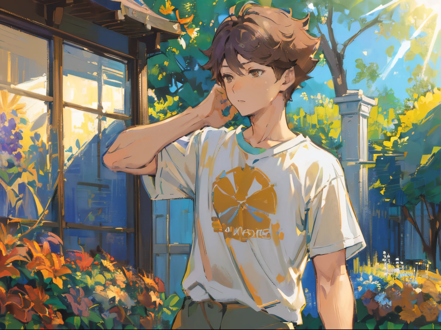 ((solo focus)),(((1 boy))),male focus,(((oikawa tooru))),Fechin, oil painting, IMPRESSIONISM,(((sunlight))),brown hair,((brown eyes)),((short hair))plants,(((flowers))),(blue sky),(((white tshirt))),khaki shorts,vibrant colors,(blue focus),Looking at viewer,perfect face