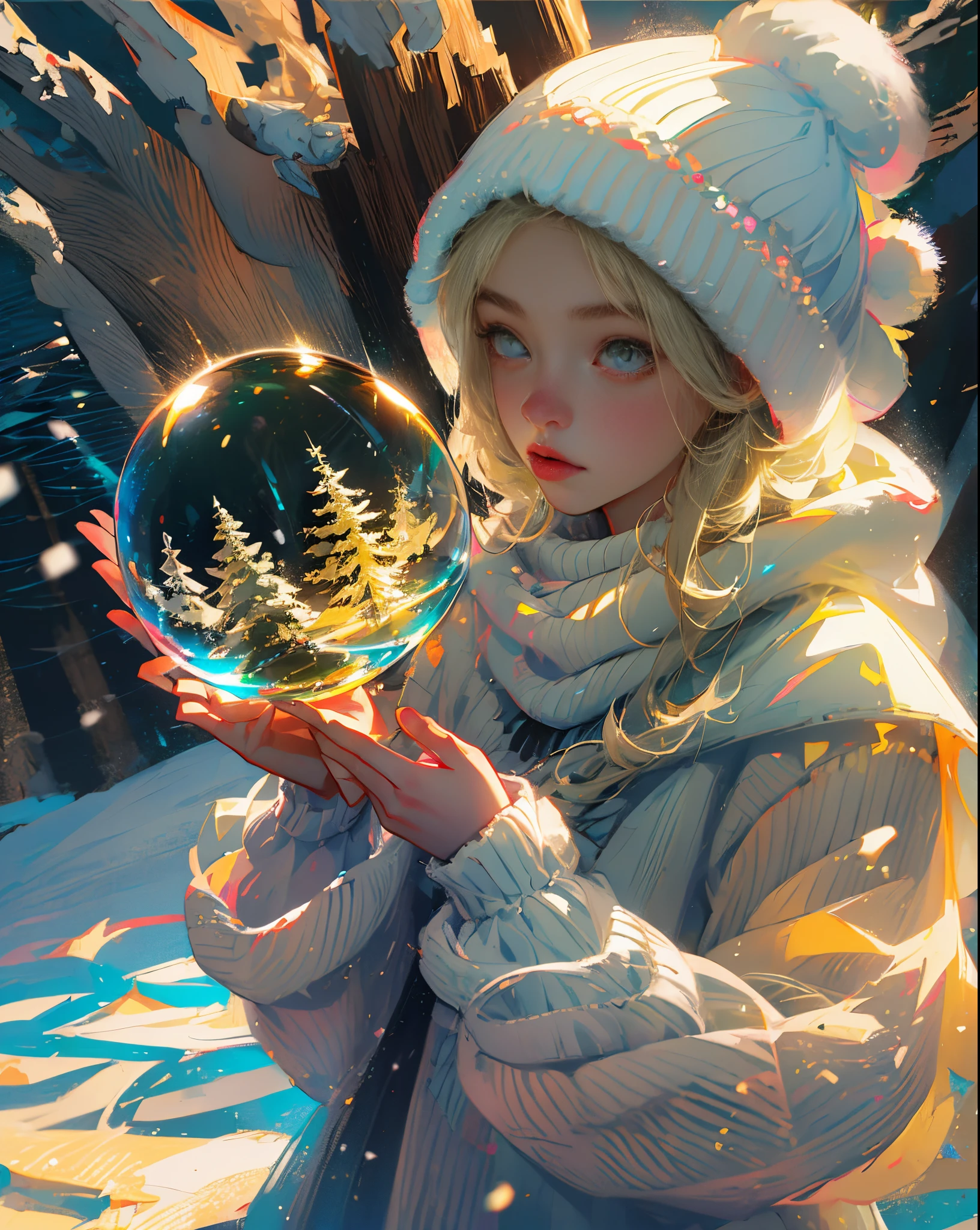 a beautiful girl with yellow hair, holding a snow globe in her hands, on a winter background, a lot of details, winter.a lot of snow, snow is falling, the sun is shining --auto --s2