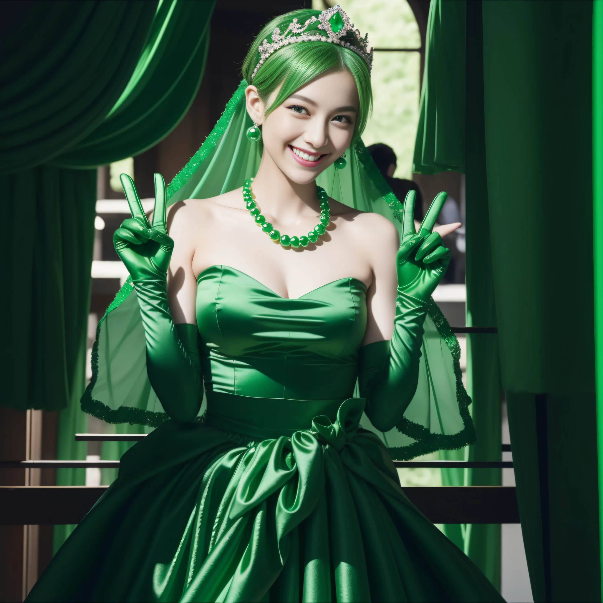 emerald tiara, Green Pearl Necklace, Boyish very short green hair, lipsticks, Japan woman smiling, very short short hair, big breasts beautiful, Green eyes, Long green gloves made of satin material, Green eyes, v sign,V-sign with both hands, Emerald Earrings