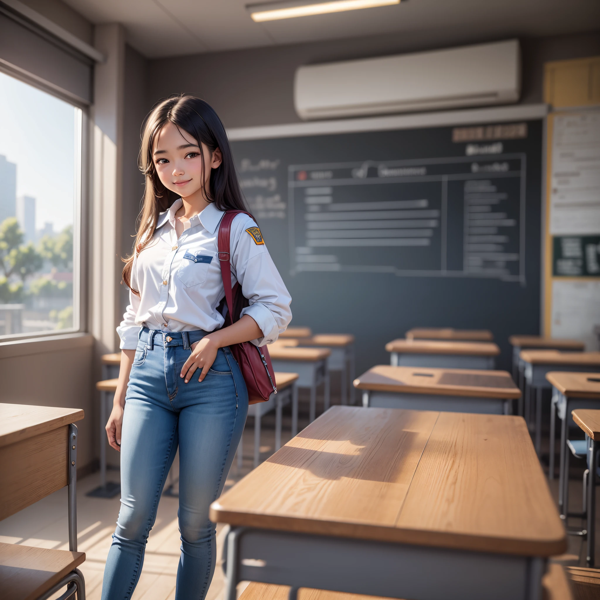 STUDENT, hyper realistic, 8k, classroom in the background, full body, kind, cute smiling, 13 years old, with books in hands, wearing uniform, white blouse with the phrase SAEPE 2023, blue jeans --auto --s2