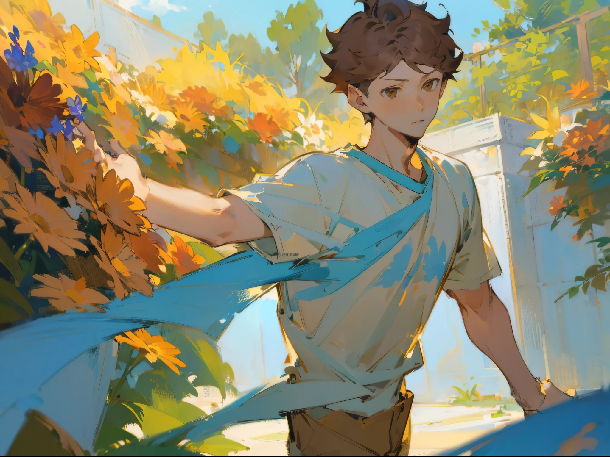 ((solo focus)),(((1 boy))),male focus,(((oikawa tooru))),Fechin, oil painting, IMPRESSIONISM,(((sunlight))),brown hair,((brown eyes)),((short hair))plants,(((flowers))),(blue sky),(((white tshirt))),khaki shorts,vibrant colors,(blue focus),Looking at viewer,perfect face,(((handsome)))