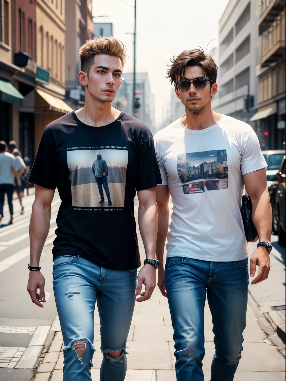 Two men, dressed in jeans and T-shirts on the street