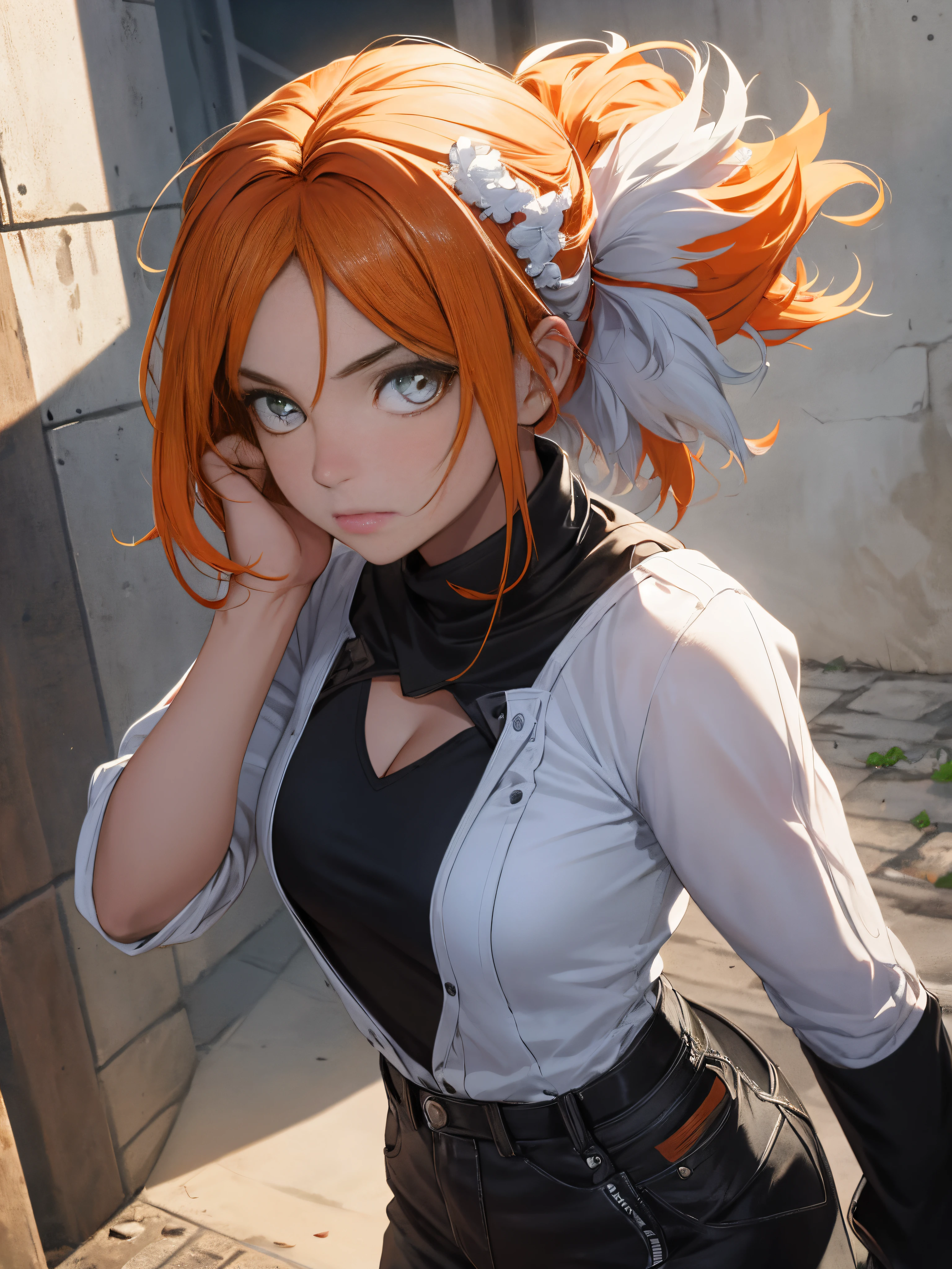 Realistic, menina detalhada bonita, claro e bonito, Personagem como perspectiva principal, reluzente_pele, garota,Woman,female, jovem,20 anos, medium hair, franja, coque de cabelo, Fechaduras laterais, orange hair, lindo cabelo de vidro detalhado, cabelo rosa estriado,bela cara fria detalhada, cold expression, detalhes complexos olhos bonitos e delicados, Unhas, medium_seios, , olhos alaranjados, authentic skin texture, penetrante, colar, tanque_top, curto_Short wing, joelho_Botas, florescer, extremamente detalhado CG unidade 8k papel de parede, very thin 8KCG wallpapers, muito fino papel de parede 8K CG,Aquarela (medium)