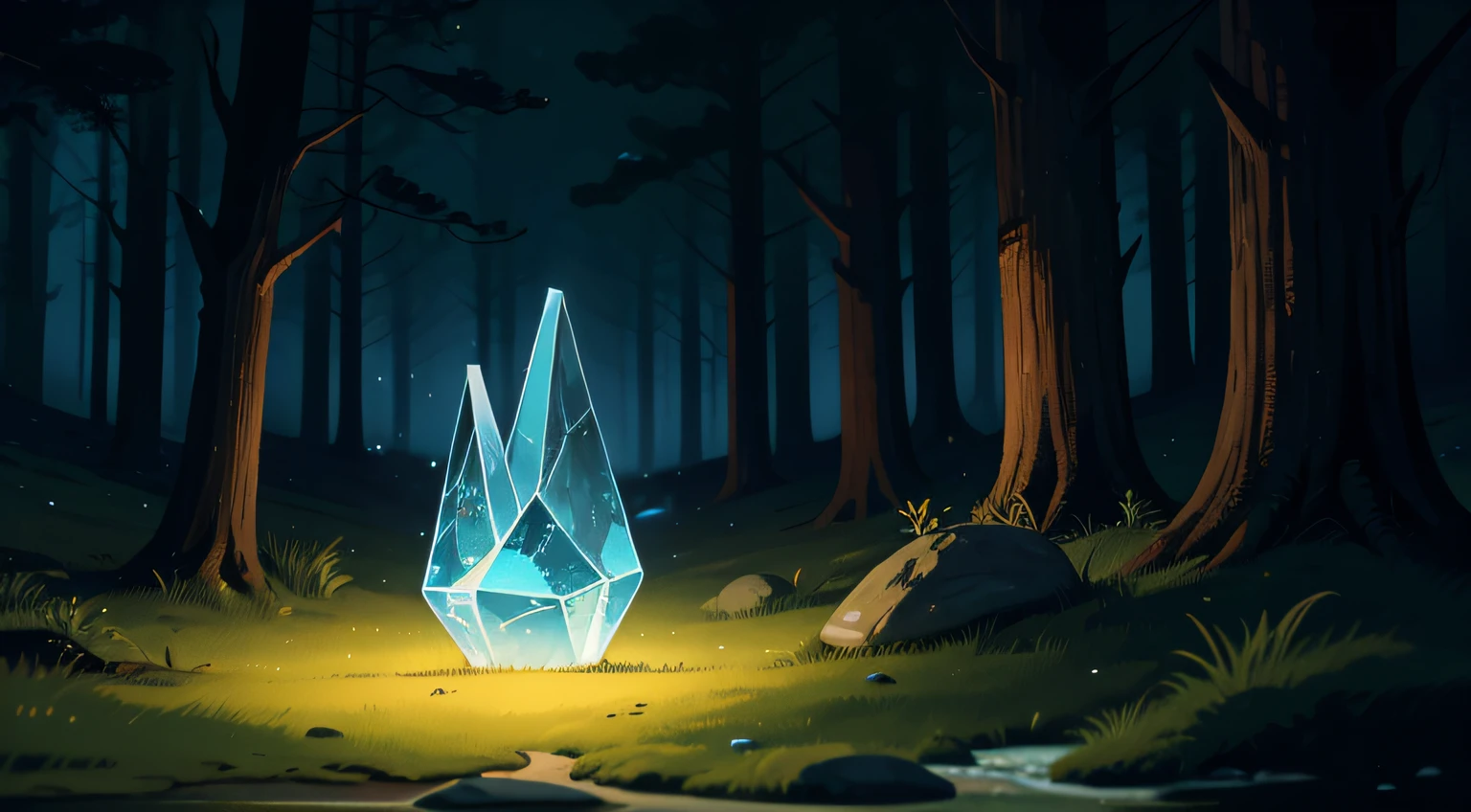 2d, illustration, cartoon, illustration, Magical Glowing Stone in forest, nighttime