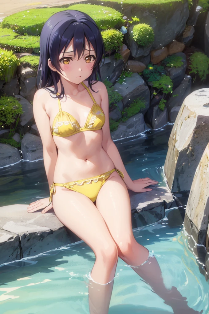 (((pixel-perfect, detail-perfect))), solo, 1girl, umi sonoda,, looking at viewer, small breast, highly detailed face, perfec face, perfect face,top-quality, ultra-quality,, in a lake, yellow bikini, lace bikini, shot from behind,, white light background, slide shot, small breast, short hair , sitting on rock