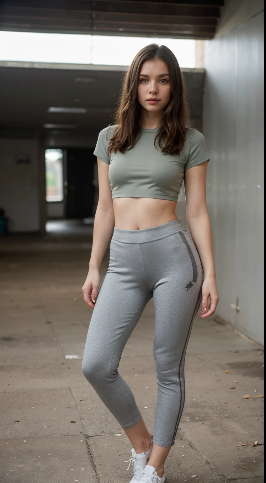 a full body photo of a woman in a green top and grey pants, tight outfit, wearing a sexy cropped top, wearing tight shirt, tight shirt, tight attire, wearing tight suit, wearing tight simple clothes, anna nikonova aka newmilky, tight wrinkled cloath, anna nikonova, aleksandra waliszewska, yelena belova