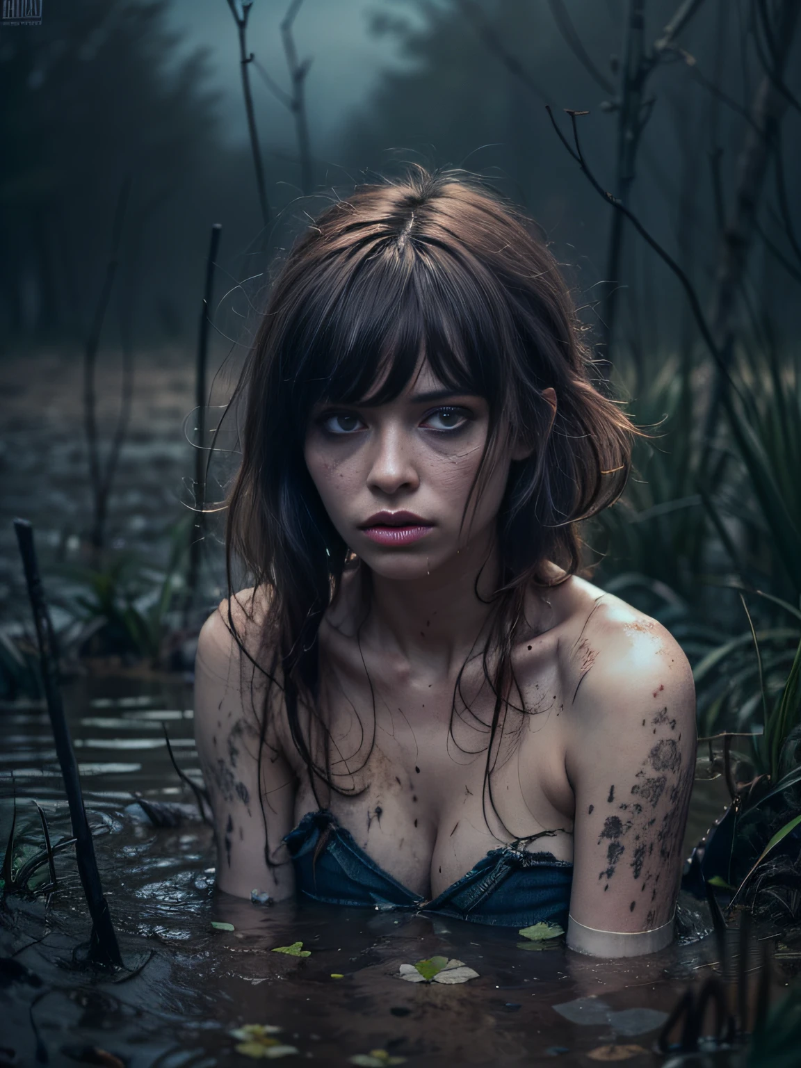 (Best Quality,hight resolution,Masterpiece, Overhead view:1.20),Ultra-detailed,The woman,Wide flares on jeans,sickly,drowning in a swamp,standingn:1.2, (solo sex at the bottom of a mud pit:1.2),gloomy ecstasy,fetish,dark gloomy atmosphere,gritty texture,solo sex:1.4,warped reality,melancholic expression on his face,mysterious aura,foggy atmosphere,foggy background,Subtle color palette,provocative pose,Strong emotions,Coming Out of the Depths of Despair,Piercing gaze,intense shadows,Plunged in Darkness,Rugged terrain,ominous vibe,A supernatural sensation,asymmetrical bangs, freckles, pink short hair, Bangs, freckles, gray eyes,