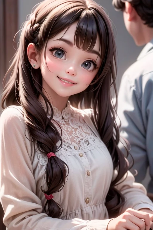 a girl smiling wearing a lace cloth dress