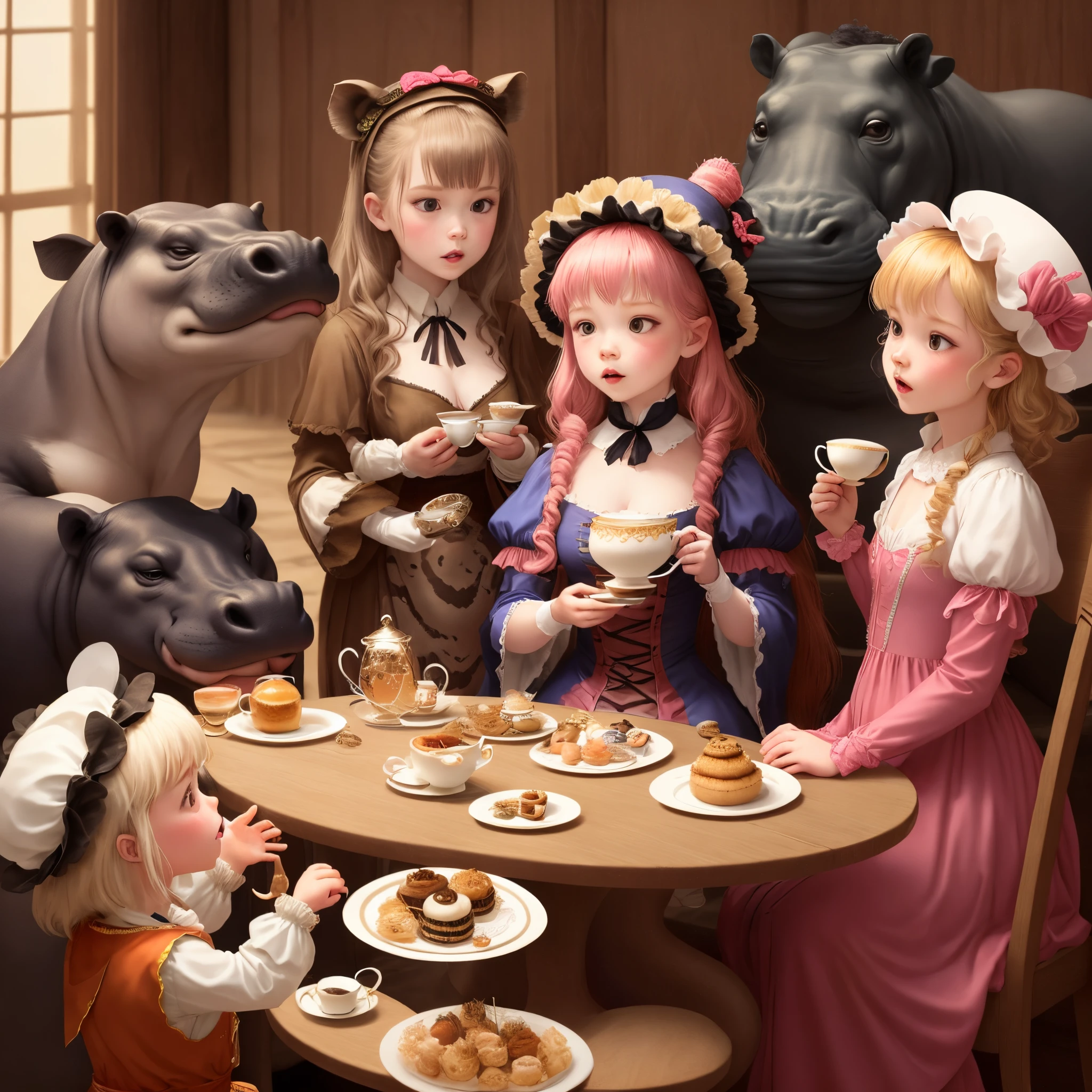 a *********** having a tea party with dangerous animals. A hippo, a Mojave rattlesnake, a honey badger, a box jellyfish, a lion, etc... all ridiculously stuffed into fancy dresses, bonnets and hats... looking inconvenienced but compliant... the snake holding his teacup by sticking his rattle through the handle.