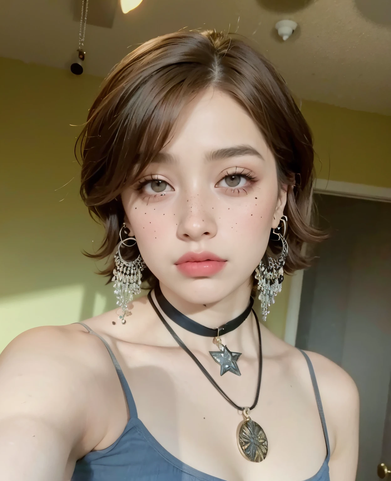 Mujer arafed con estrangulador y aretes en el cuello., small freckles, short brown hair and large eyes, 1 7 - - old h girl, beautiful androgynous girl, Cara sexy con maquillaje completo, An epic non-binary model, Pendientes enormes y maquillaje queer, brown hair and large eyes, androgynous face