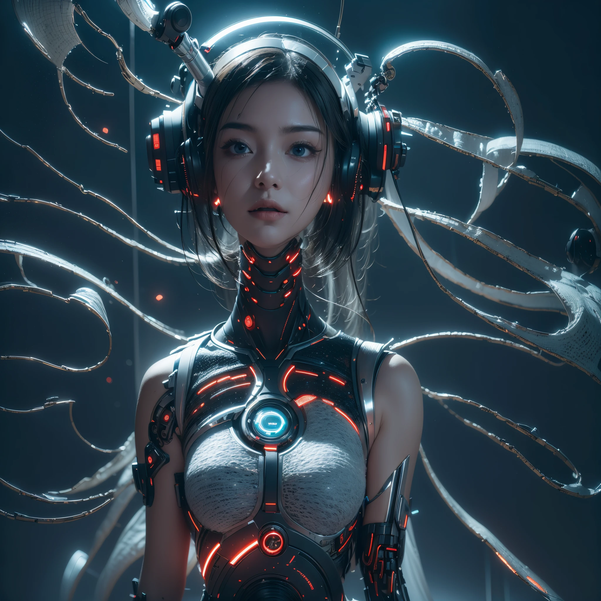 "A fascinating and ethereal representation of a cyborg immersed in a dynamic whirlwind of digital data..."