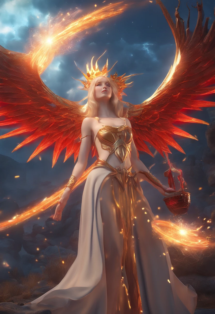 1girl, divine immortal witch girl goddess siphoning the universe, villain, ((mean)), evil, wicked smile, long blond hair, thin, skinny, red eyes burning with magic, looking at viewer, from below, crown, angel wings, magic circle, life stream, masterpiece,