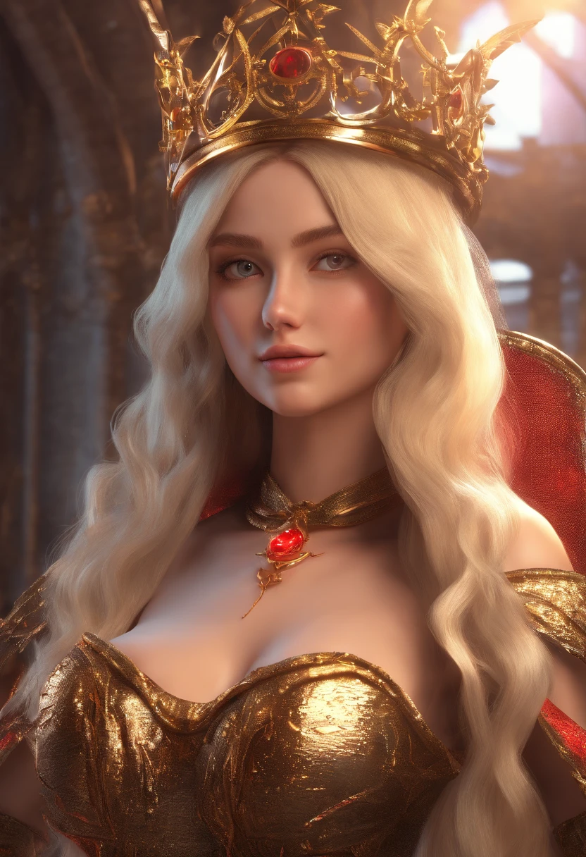 16 years old Megan Fox, highres, masterpiece, 1girl, solo, best quality, realistic, long blonde hair updo upsweep, 
palace, throne room, sitting on throne,
Goddess cosplay, (scarlet costume), bra and thong
(big body), sexy figure,((big large boobs)) (cleavage), sexy abs, navel, legs spread, big ass, (Sexy Woman), (long hair), (30 years old), smirk, aroused, 
4K, HDR. by (James C. Christensen:1.2|Jeremy Lipking:1.1).