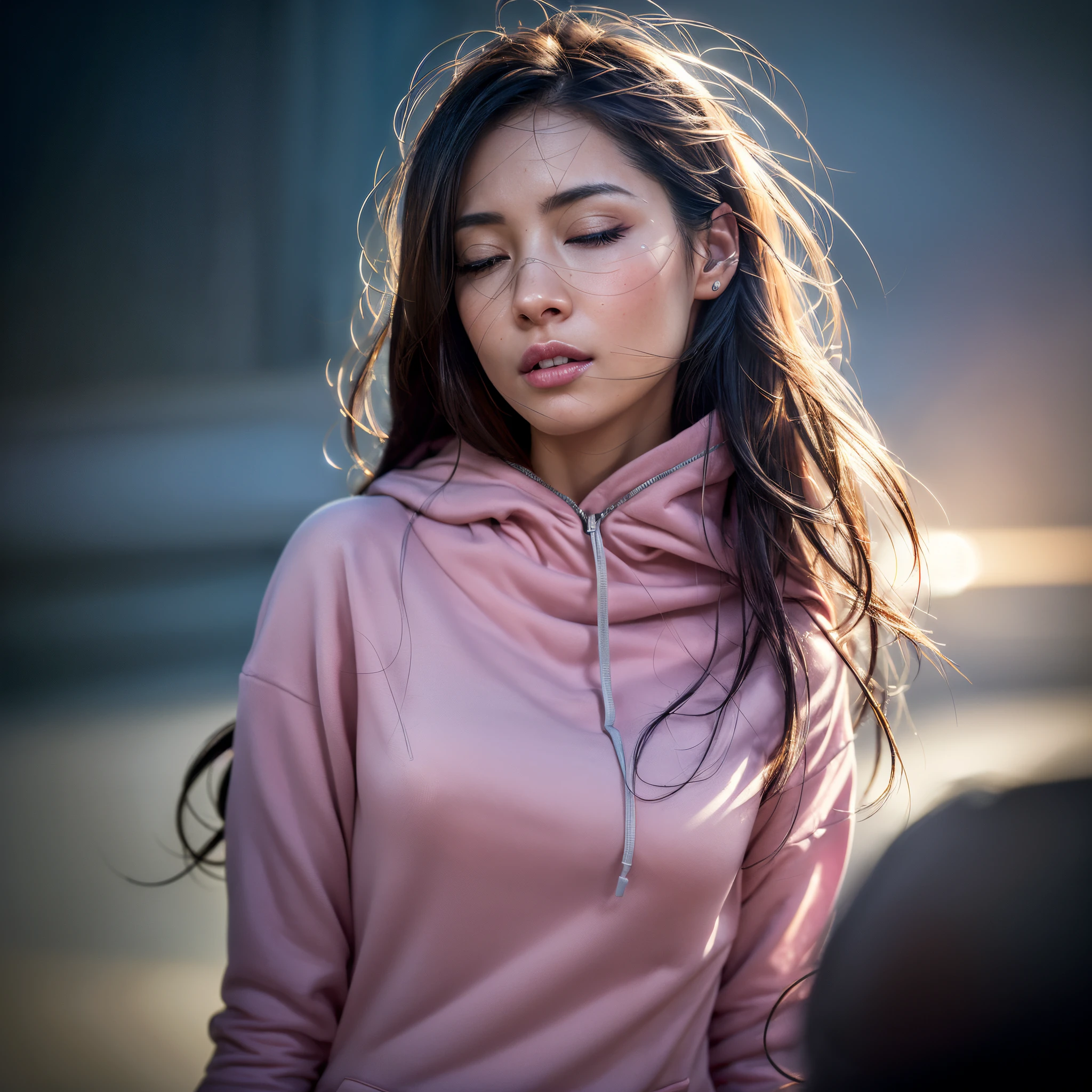 dressed, (photo realistic:1.4), (hyper realistic:1.4), (realistic:1.3), (smoother lighting:1.05), (increase cinematic lighting quality:0.9), 32K, 1girl,26yo girl, realistic lighting, backlighting, light on face, ray trace, (brightening light:1.2), (Increase quality:1.4), (best quality real texture skin:1.4), finely detailed eyes, finely detailed face, (tired and sleepy and joy), (laugh:0), face closeup, pink spider hoodie, (Increase body line mood:1.1)