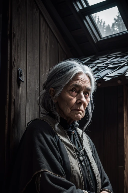 (best quality),portrait, An old woman, (witch with gray hair) standing by the doors of a small log cabin, black crows sitting on the roof and around the cabin, a dense, eerie atmosphere, soft lighting.