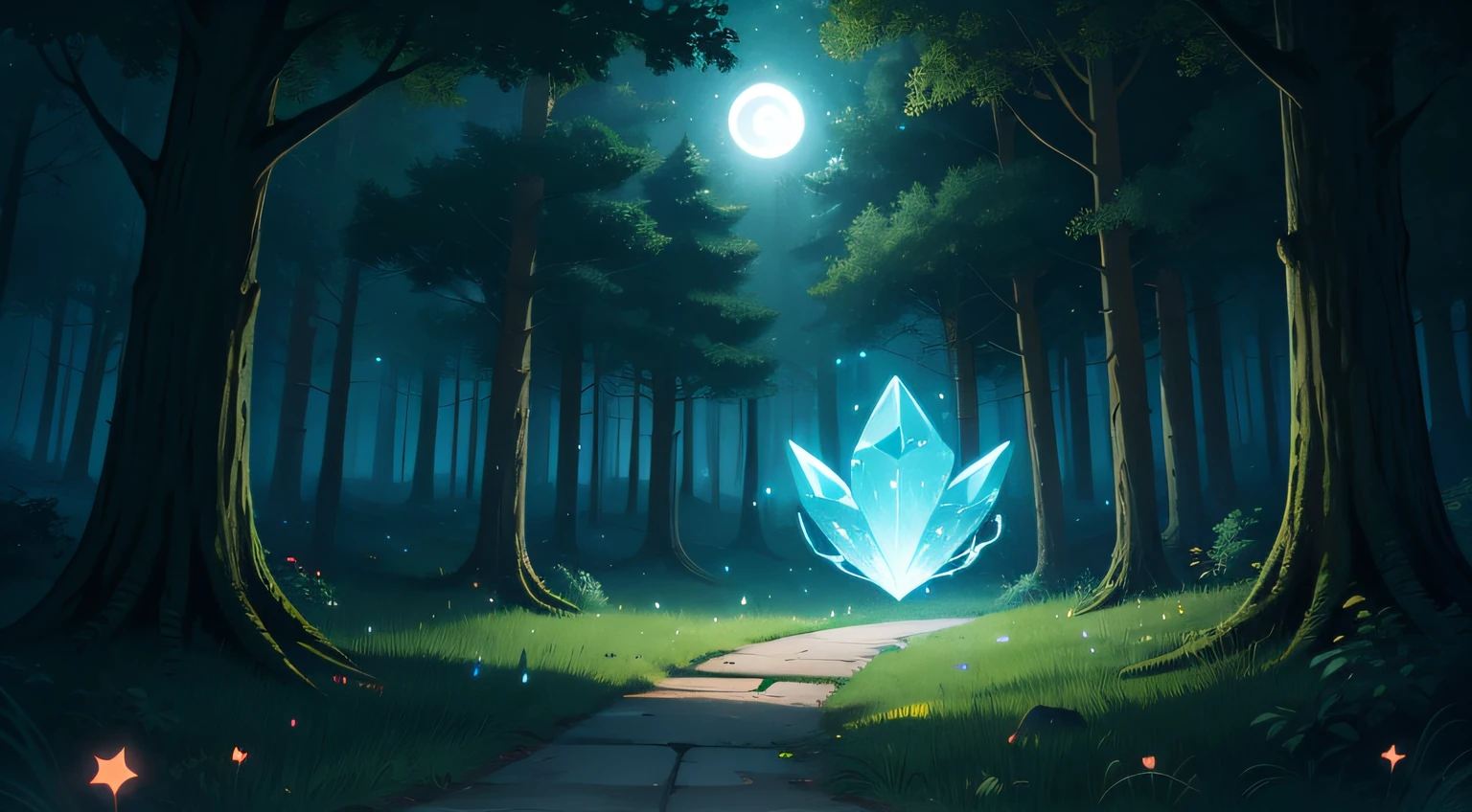 2d, illustration, cartoon, illustration, Magical Glowing Stone in forest, nighttime