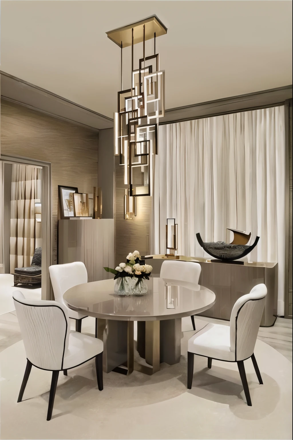 there is a dining room with a table and chairs and a vase, luxury furniture, neoclassical style, beige color scheme, art deco interior, exquisite detail, furniture design art deco, exquisite rendering, luxury condo interior, award winning interior design, high stylization, white and gold color scheme, brown and white color scheme, interior decoration, elegant furniture, elegant and refined