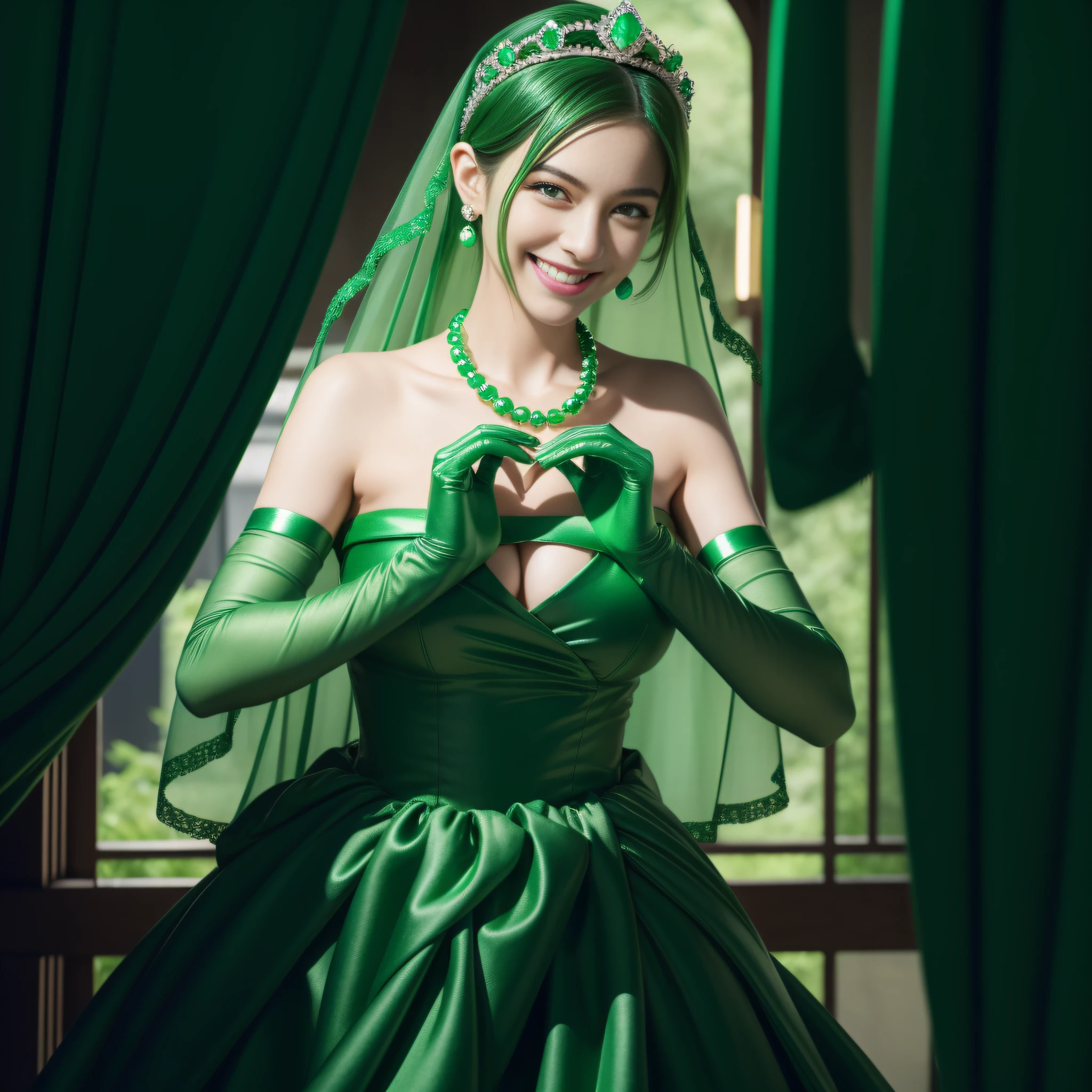 emerald tiara, Green Pearl Necklace, Boyish very short green hair, lipsticks, Japan woman smiling, very short short hair, big breasts beautiful, Green eyes, Long green gloves made of satin material, Green eyes, Emerald Earrings, green vale, Heart with both hands