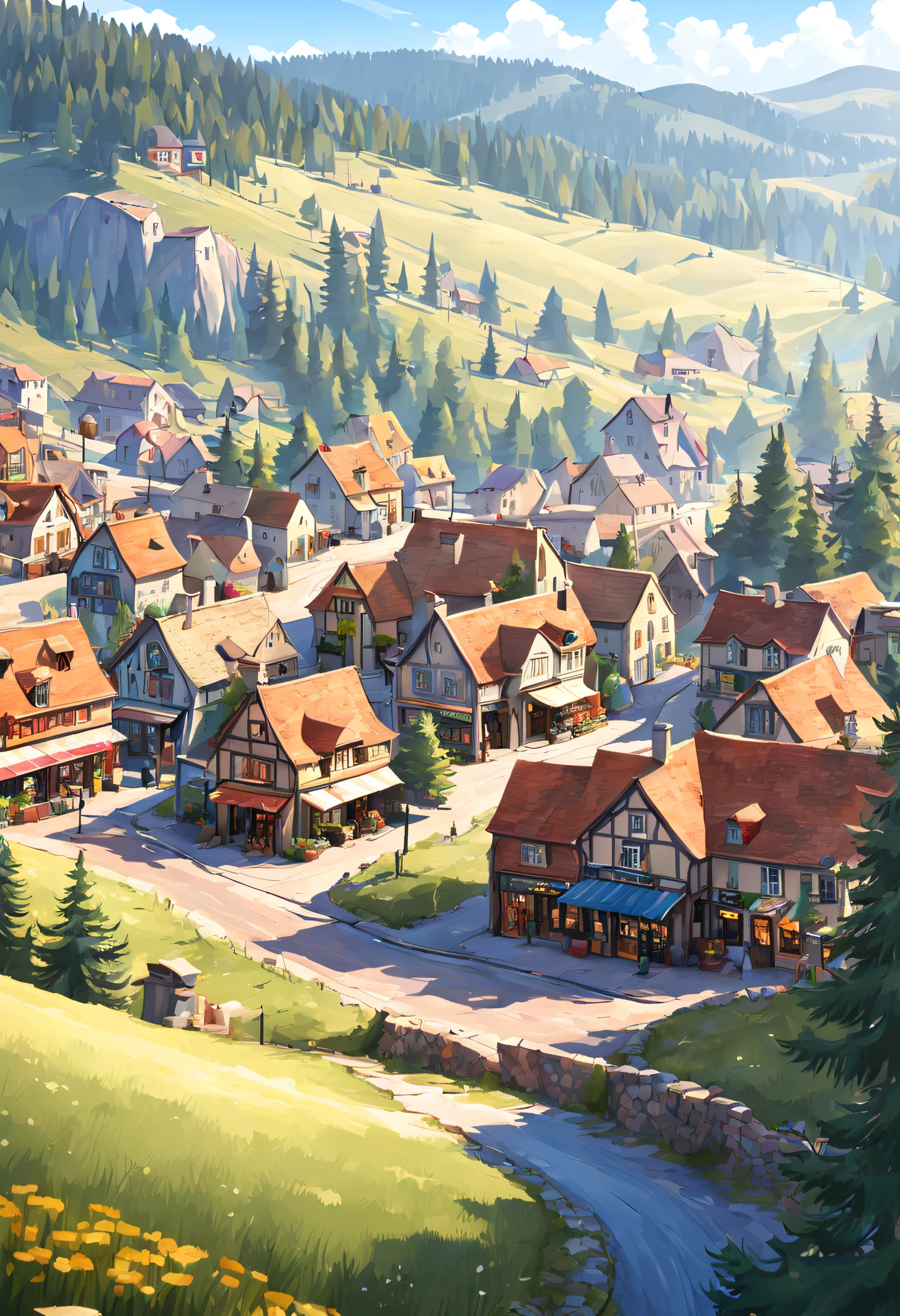 quaint town with shops, nestled between rolling hills and whispering pines background, sunny afternoon high res, ultra sharp, 8K, master piece