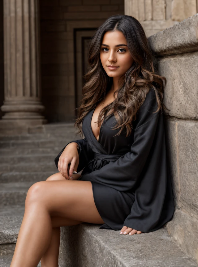 Full body, Beauty standing in a museum, Ancient stone structures, intricate carvings, towering pillars, archaeological remnants, weathered walls, historical artifacts, posing for a picture, sitting on stairs, 1 girl, a 27-year-old Indian woman, absolute beauty, long hair, wearing a fashion dress, black color robe, robe, fashion pose, looking at the camera, ultra-realistic, hyper-realistic, ultra-detailed, hyper-detailed, 35mm F/28, hyper-detailed full body shot of a woman, nice face, sexy smiling, sexy body, , hair, aesthetic body, rich colors, face focused, 8K, HD Crisp Upscale, realistic lying, RAW photography, best quality: 1.4, No dark background, Beautiful details eye, cleavage, thick thighs, wide hips, muscular thighs, long hair, High-detailed, perfectly located eyes, perfect eyes, photographed on a Canon EOS R5, 50mm lens, F/2.8, HDR, (cinematic lighting), (dramatic lighting), (sharp focus), (intricate), fashion, realistic skin texture, (( perfect anatomy)), ((detailed face:1.2)), ((detailed facial features)), (finely detailed skin), masterpiece), (perfect proportion), (realistic photo), (best quality: 1.6), (detailed), Detailedface, perfecteyes, cutout dress,