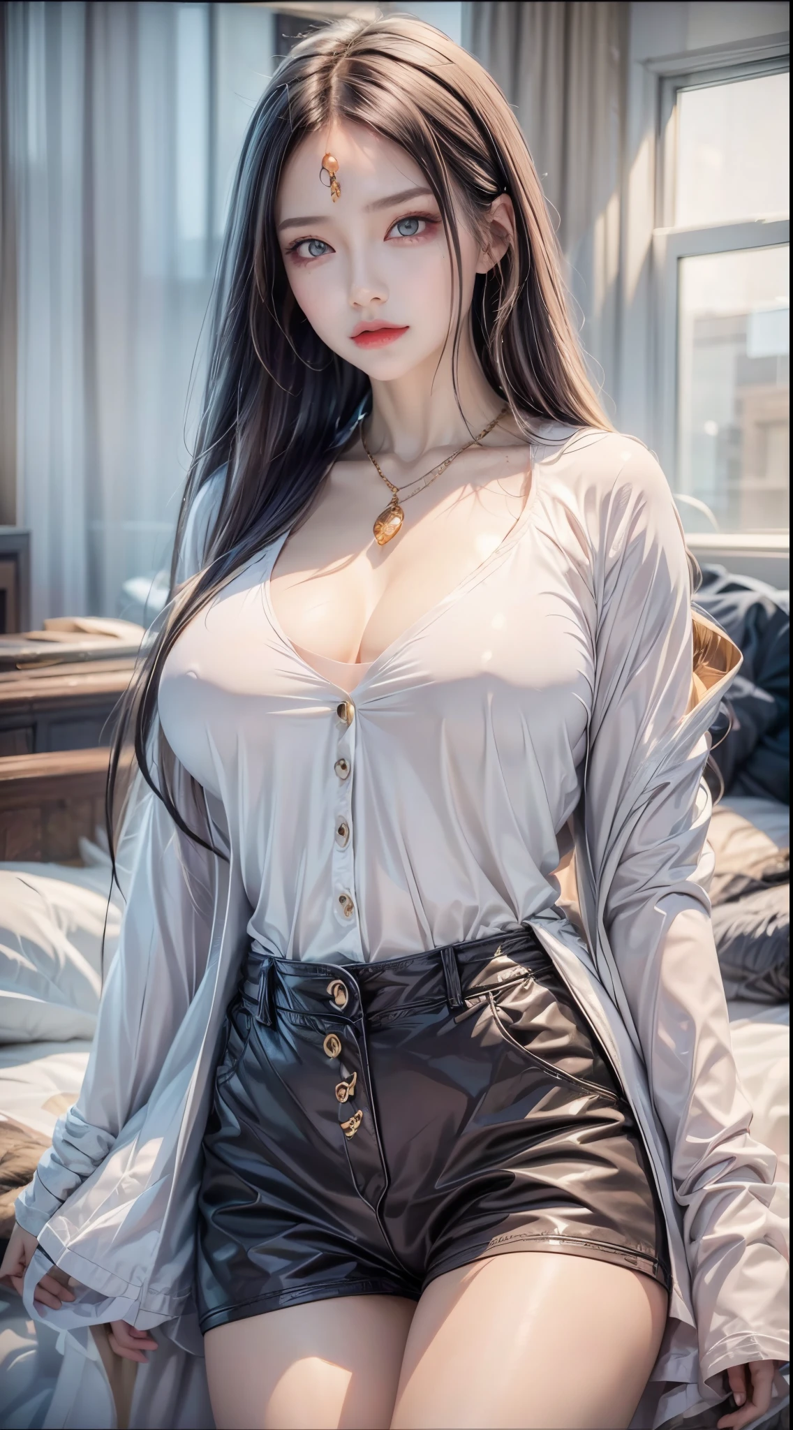 realistic, 1 women, best quality, 12k, HD, long hair, big round breasts, cleavage, ponytail, necklace, jewelry, shorts, short jacket, slim hips, hair tie, yellow eyes, black hair, super detailed, Eye details, hair details, person details, mouth details, face details, breast details, clothes details, hair details, pants details, hand details, whole body