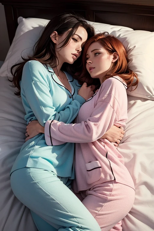 2 adult women, in their bed, covered by a blanket , under the blanket, brunette and redhead, cuddle, in pajamas, cute scene, snuggled up against each other