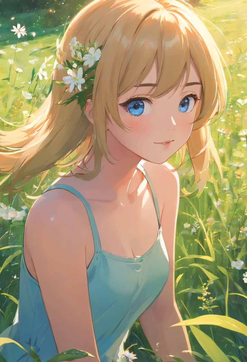 top-quality、masterpiece、8K、with a realistic、Be authentic、Live action、beautifly、amazing landscape、Expansive grasslands、flower bloom、Fantasia、Blue-eyed laughing girl(turned around、Longhaire、a blond)