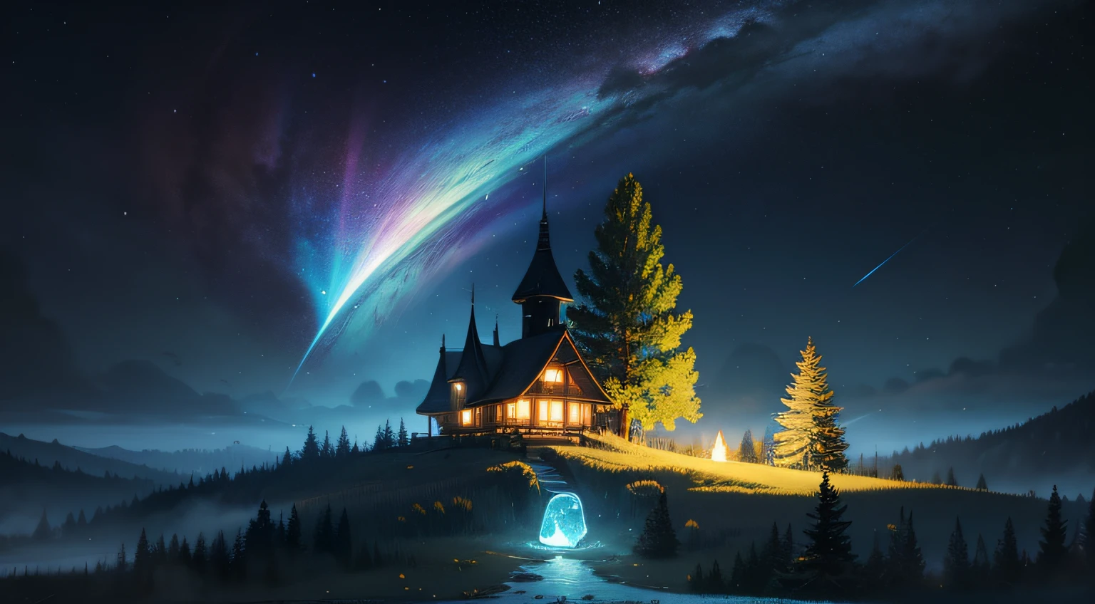 2d, illustration, cartoon, illustration, Sparkling Magical Glowing Stone from heaven sky in forest, nighttime