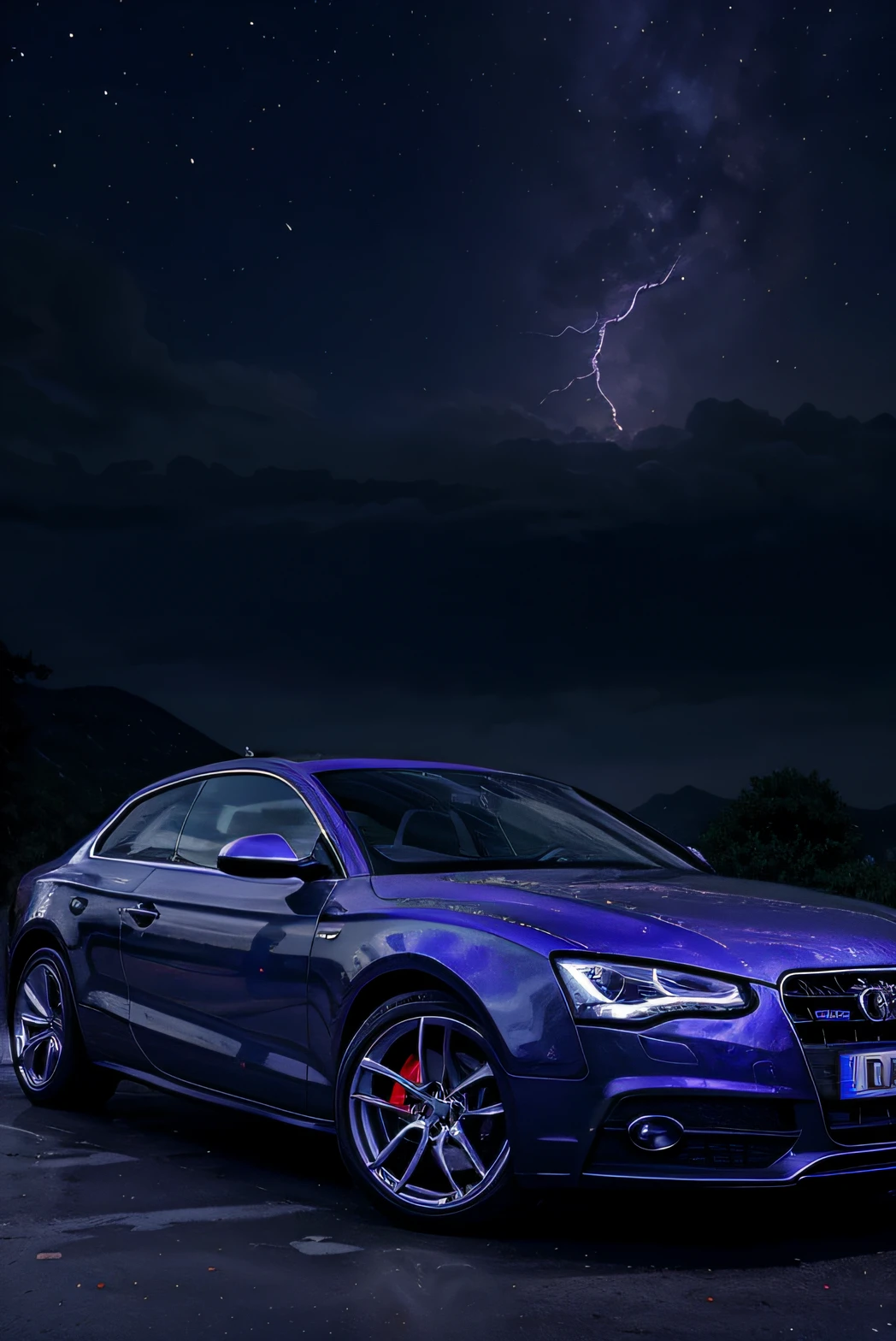 Audi A5, Nacht, lila und blauer Mond, lila Ambiente, blau, Sterne, Blitz
