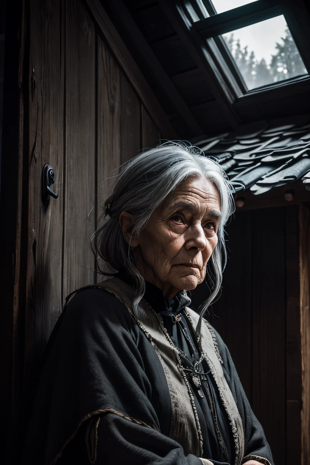 (best quality),portrait, An old woman, (witch with gray hair) standing by the doors of a small log cabin, black crows sitting on the roof and around the cabin, a dense, eerie atmosphere, soft lighting.