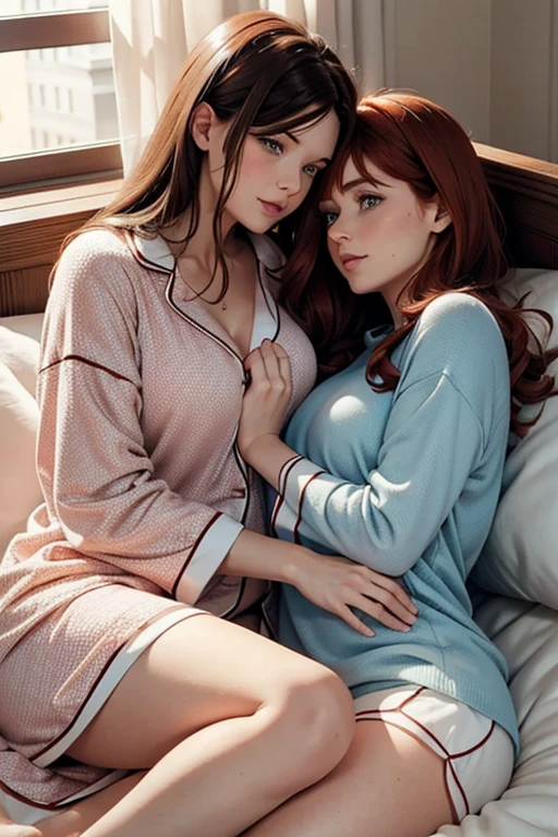 2 adult women, in their bed, covered by a blanket , under the blanket, brunette and redhead, cuddle, in pajamas, cute scene, snuggled up against each other