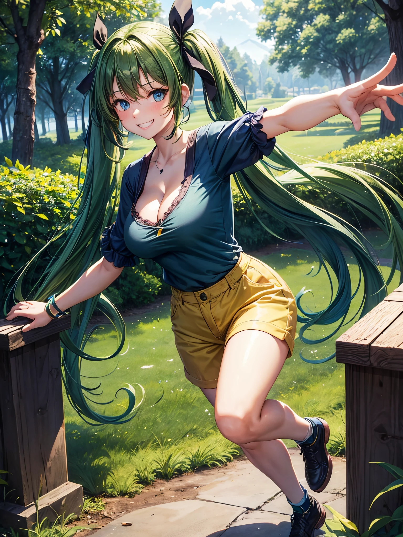 1girl, solo, full body, summer, village, trees, long hair, ((dark green hair)), curly hair, twintail, large breasts, blue top, cleavage, dark blue eyes, yellow pants, grin, looking at the viewer, running, hair ribbon