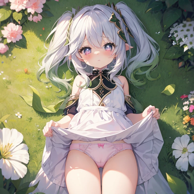 Best Quality, (cute it girl:1.3), flat chest,Beautiful pink eyes、Lori、(Cuteness beyond limits),(White underwear),lovely thighs,is crying,a miniskirt, skirt lift、 showing panties、skirt lift、showing panties、Expose panties、(Cute underwear:1.3) ,