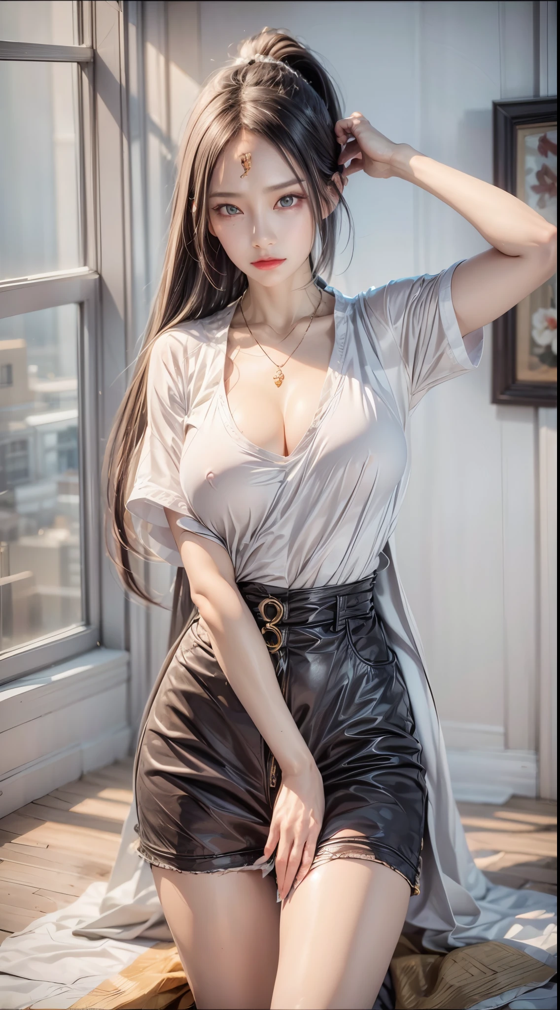 realistic, 1 women, best quality, 12k, HD, long hair, big round breasts, cleavage, ponytail, necklace, jewelry, shorts, short jacket, slim hips, hair tie, yellow eyes, black hair, super detailed, Eye details, hair details, person details, mouth details, face details, breast details, clothes details, hair details, pants details, hand details, whole body