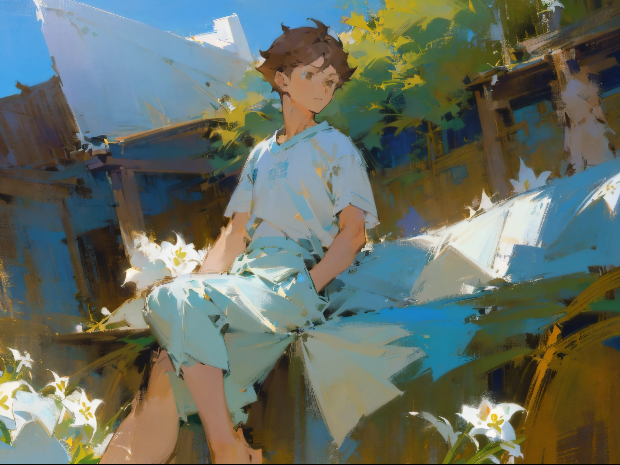 (((solo focus))),(((1 boy))),male focus,(((oikawa tooru))),Fechin, oil painting, IMPRESSIONISM,(((sunlight))),brown hair,((brown eyes)),((short hair))plants,(((white flowers))),rustic scenery,cottages,lily of the valley,(blue sky),(((white tshirt))),khaki shorts,vibrant colors,((cool toned blue focus)),((((Looking at viewer)))),perfect face,(((handsome)))