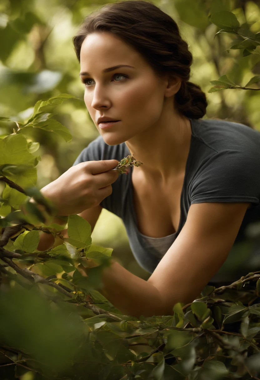 A photo of Katniss constructing a makeshift shelter out of branches and leaves.,The Hunger Games Trilogy,Katniss Everdeen, the protagonist of “The Hunger Games,” is characterized by her athletic build, olive skin, dark hair often styled in a practical braid, and striking grey eyes, reflecting her resilience and resourcefulness. Her appearance is marked by a blend of toughness and understated beauty, often wearing simple, functional clothing that suits her pragmatic and independent nature.