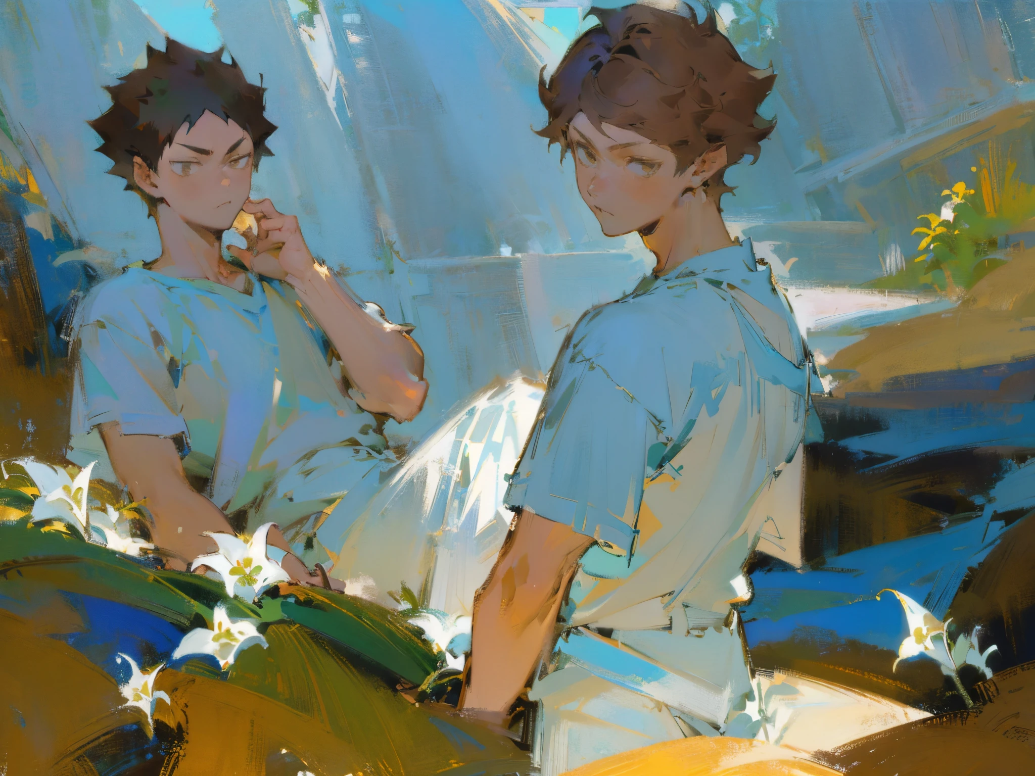 ((solo focus)),(((1 boy))),male focus,(((iwaizumi))),Fechin, oil painting, IMPRESSIONISM,(((sunlight))),black hair,((brown eyes)),((short hair))plants,(((white flowers))),rustic scenery,cottages,lily of the valley,(blue sky),(((white tshirt))),khaki shorts,vibrant colors,((cool toned blue focus)),((((Looking at viewer)))),perfect face,(((handsome))),((spiky hair))