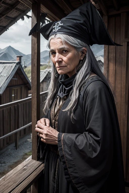 (Best Quality),Portrait, An old woman, (witch with gray hair) I'm standing at the open door of the house, black crows sit on the roof and around the hut, compact, creepy ambiance, soft-lighting, pirate bandana on head, ate around