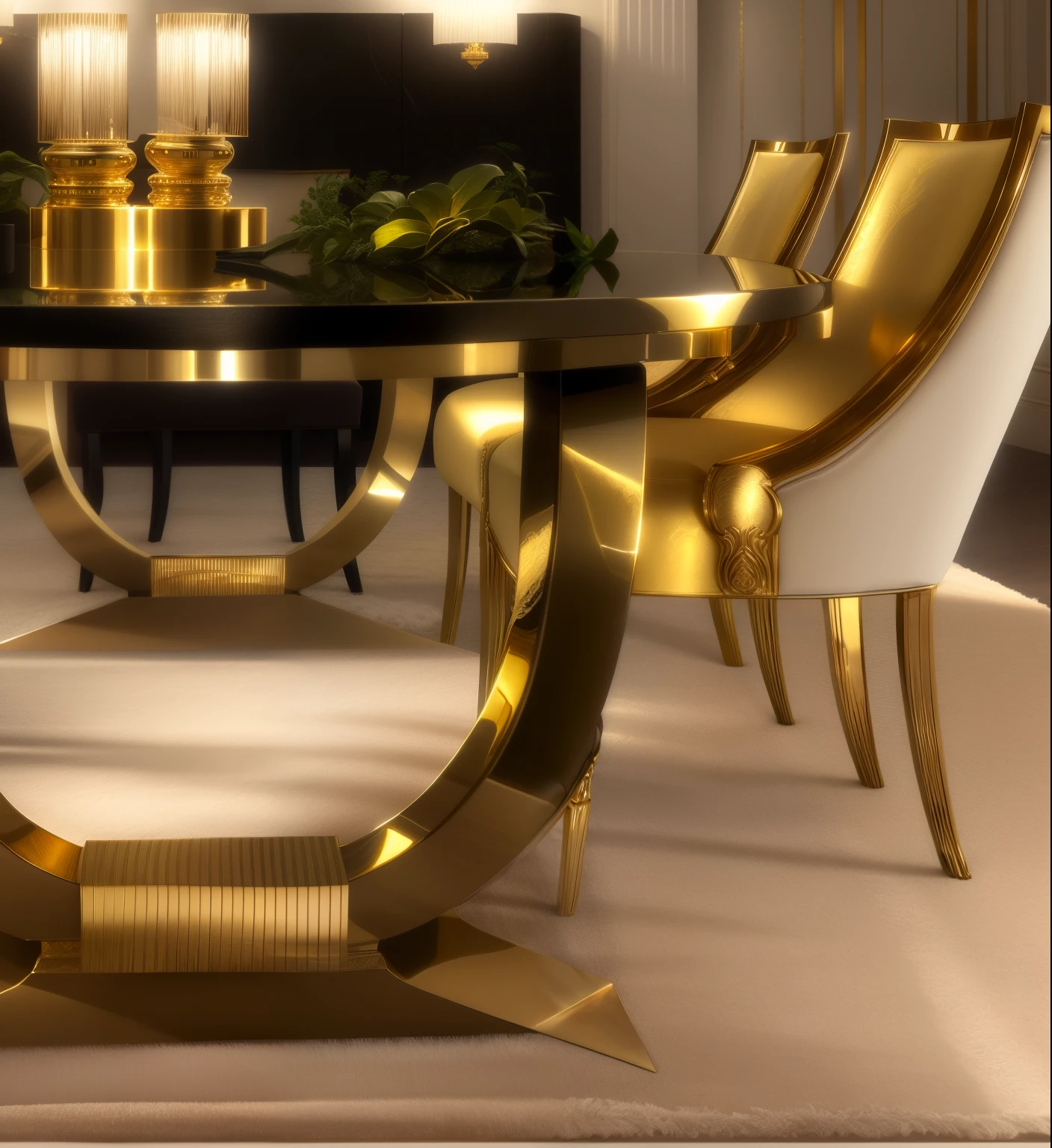 a close up of a table with chairs and a vase on it, luxury furniture, elegant furniture, dinner table, tables, dining table, designer furniture, elegant and refined, gold and luxury materials, chairs and tables, magnificent design, curved furniture, gold and black color scheme, tables and chairs, furniture and decor, gold and steel intricate