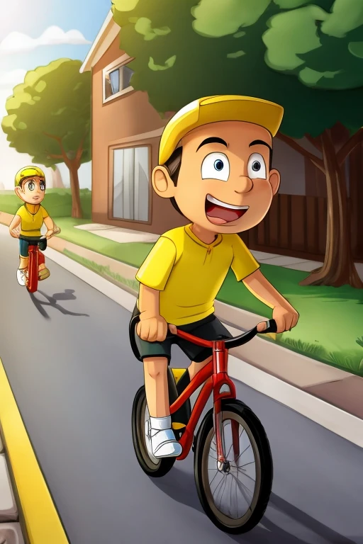 create a high quality cartoon of a father running after his son who is pedaling a yellow bicycle, an 8 male child