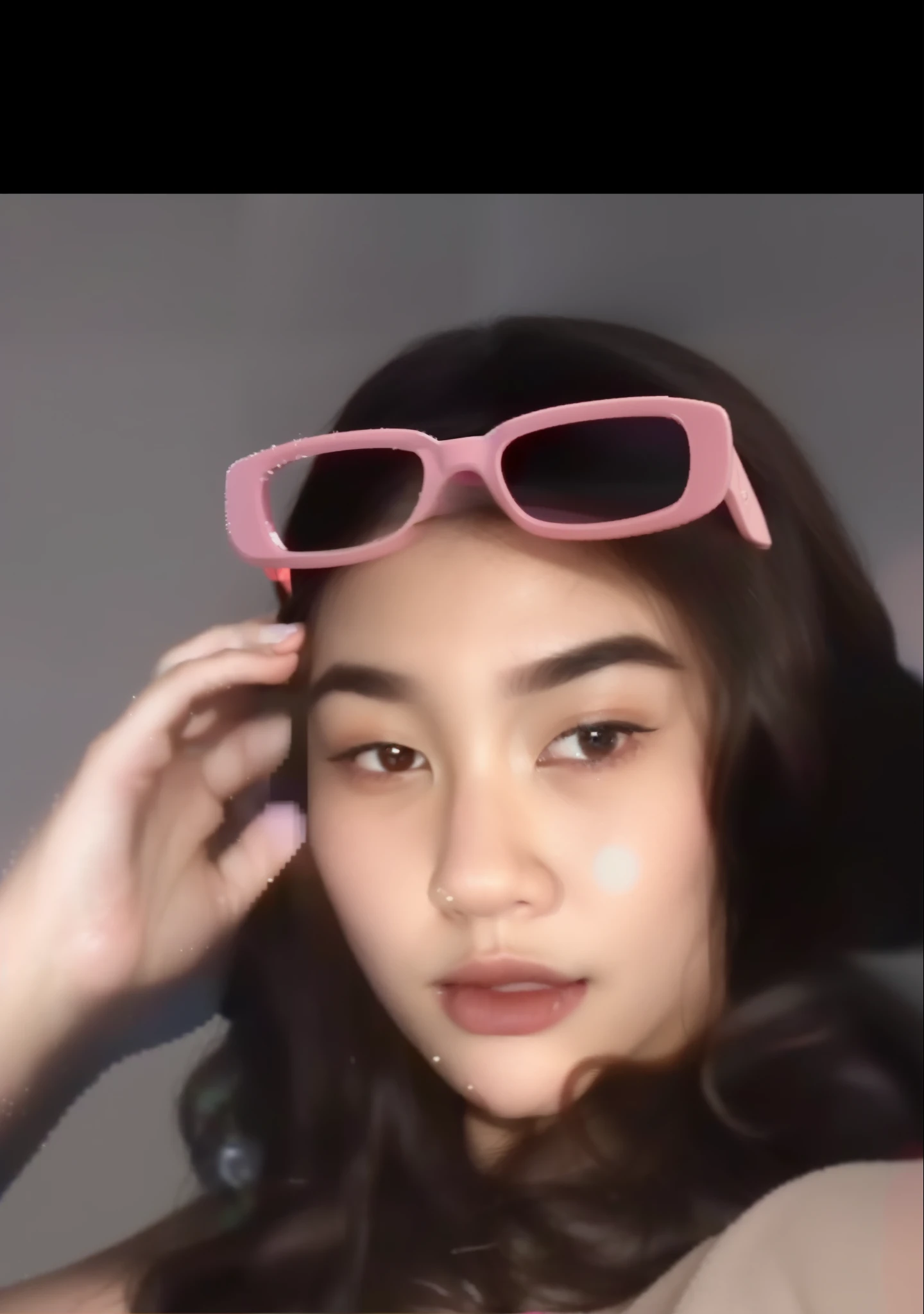arafed woman with pink sunglasses and a tan shirt, ruan cute vtuber, tiktok video, high quality video, she has a cute face, 18 years old, sexy face, young and cute girl, young cute face, she is about 1 6 years old, showing her face, very beautiful cute catgirl, with long hair, asian face, not wearing clothes, naked