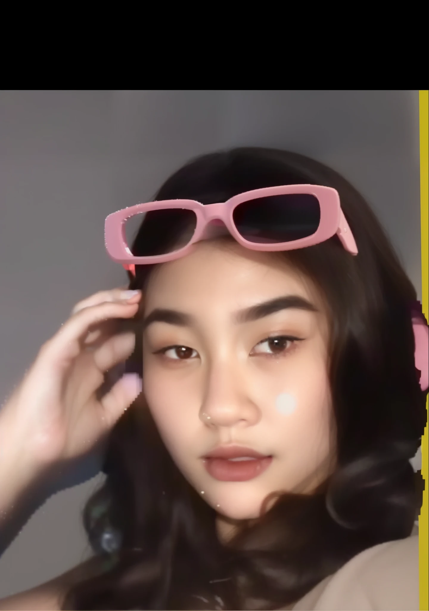 arafed woman with pink sunglasses and a tan shirt, ruan cute vtuber, tiktok video, high quality video, she has a cute face, 18 years old, sexy face, young and cute girl, young cute face, she is about 1 6 years old, showing her face, very beautiful cute catgirl, with long hair, asian face, not wearing clothes, naked