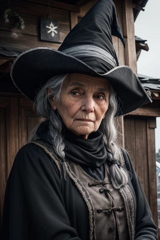 (Best Quality),Portrait, An old woman, (witch with gray hair) I'I'm standing at the open door of the house, black crows sit on the roof and around the hut, compact, creepy ambiance, soft-lighting, pirate head scarf, Christmas trees around the house