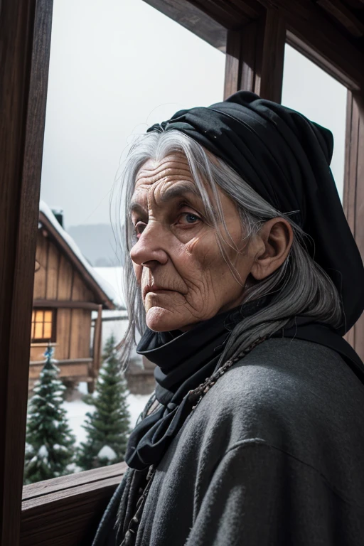 (Best Quality),Portrait, An old woman, Slavic, (witch with gray hair) I&#39;I&#39;m standing at the open door of the house, black crows sit on the roof and around the hut, compact, creepy ambiance, soft-lighting, pirate head scarf, Christmas trees around the house