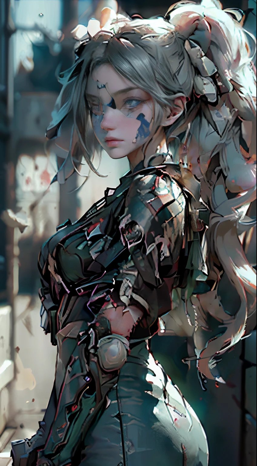 ((Best Quality)), ((Masterpiece), (Details: 1.4), ..3d, a beautiful cyberpunk female figure, HDR (High Dynamic Range), A girl, damaged in battle, Blood stains on the face, Blood stains on the face, Broken clothes, Broken clothes, Broken clothes, messy hair, Injured hands, Holding a Sword, Fierce expression on his face, Green eyes, Ray Tracing, NVIDIA RTX, extra high resolution, Unreal 5, sub-surface Scattering, PBR Textures, postprocessed, Anisotropic filtering, Depth of field, Maximum sharpness and sharpness, Multi-layer Textures, Albedo and Highlight Mapping, Surface shading, Accurate Light-Material Interaction Simulation, Perfectly proportioned, Octane Render, two tone light, large aperture, Low ISO, White balance, the rule of thirds, 8K RAW,